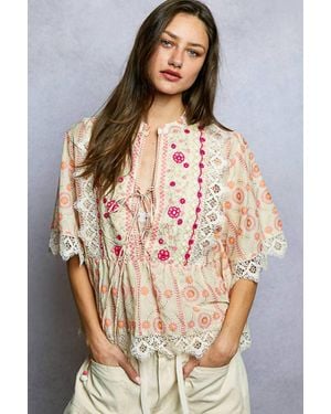 Pol Floral Embroidered Lace Trim Print Light Blouse Top - Natural