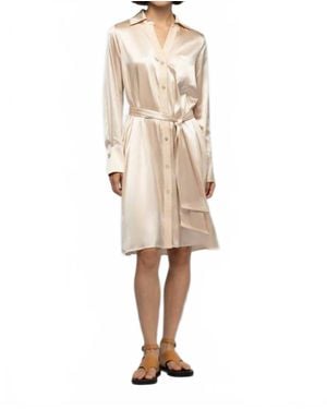 Max & Moi Raesa Silk Mini Shirt Dress With Leather Detail - Natural