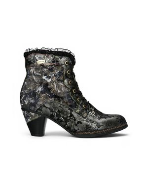 Laura Vita Floral Goth Victorian Leather Heeled Ankle Boots - Black