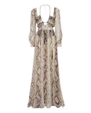 Philipp Plein Silk Chiffon Long Dress Pitone - Natural