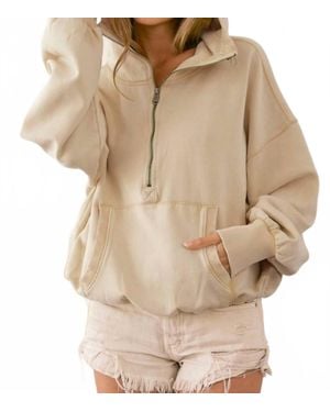 Bibi Stitch Detailed Elastic Hem Half Zip Hoodie - Natural