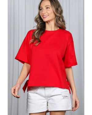 Vine & Love Side Slit Bow Cotton Knit Top - Red