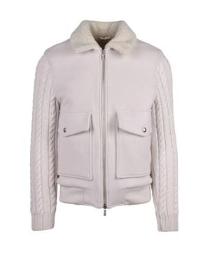 Eleventy Wool-Blend Zip-Front Jacket With Cable Knit Sleeves - White