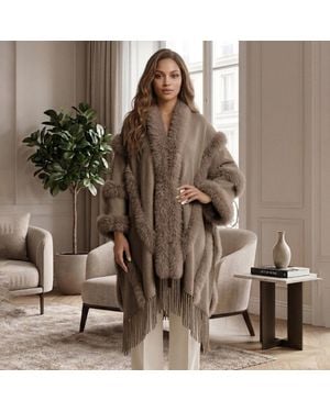TRUEDAMES Faux Fur Trim Fringe Open Front Long Cape Coat Poncho - Brown