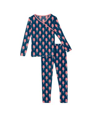 KICKEE Kid's Print Long Sleeve Kimono Pajama Set - Blue