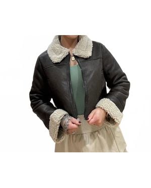 Urban Daizy Fur Collar Suede Cropped Bomber Jacket - Black