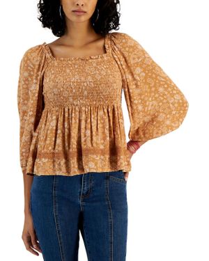 Hippie Rose Square Neck Long Sleeve Pullover Top - Blue
