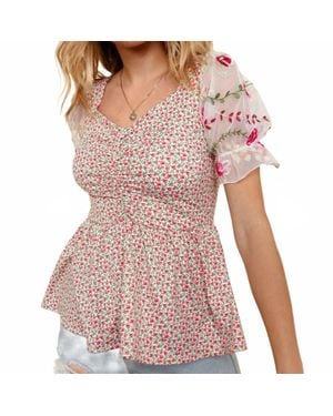 Kori Floral Embroidered Mesh Sleeve Knit Top - Pink