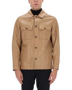 BOSS Leather Shirt Jacket With Flap Pockets - Natural