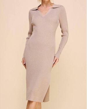 Allie Rose Ribbed V Neck Collar Long Sweater Dress - Natural