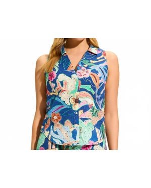 Fdj Eyelet Sleeveless Collared Shirt - Blue