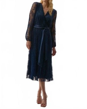Joseph Ribkoff Sequined Belted Long Lace Sleeve Midi Dress - Blue