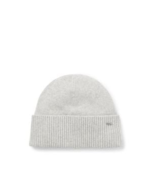 BOSS Cashmere Beanie Hat With Metal Logo Tube - White