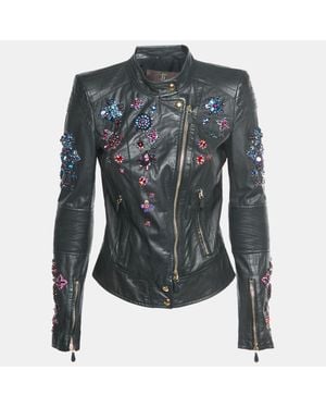 Roberto Cavalli Leather Embellished Biker Jacket - Blue