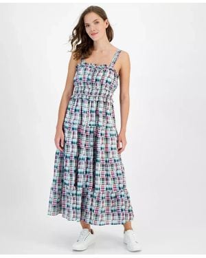 Nautica Jeans Co. Maxi Dress Plaid Square Neck Ruffle Hem Fts1380 - Blue