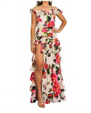 SurelyMine Ruffle It Up Floral High Slit Maxi Dress - Red