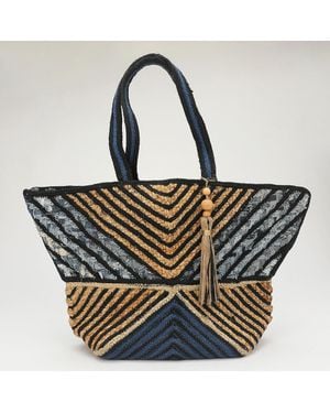 Fashnzfab Chevron Woven Wooden Tassel Straw Tote Bag - Metallic