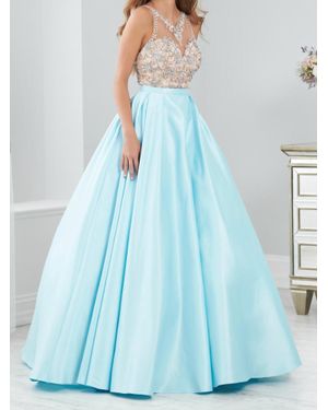 Tiffany Exclusives Illusion Neckline With Pearls Prom Dress - Blue