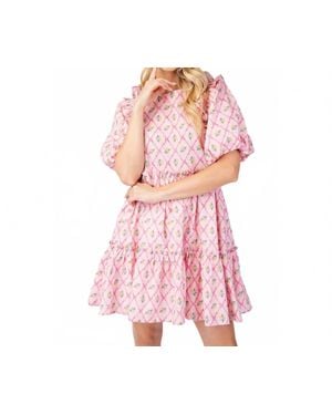 BNS Printed Puff Sleeves Mini Ruffle Dress - Pink