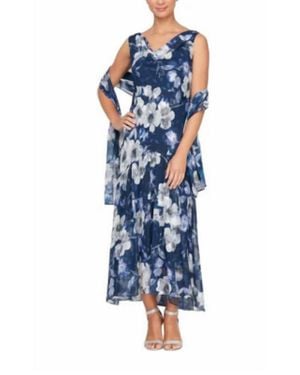 Alex Evenings Floral Print Tea Length Dress - Blue