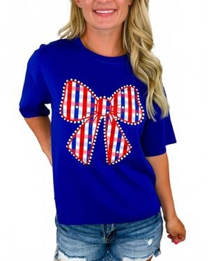 Jess Lea Charming Gingham Bow Detail Short Sleeve Top - Blue