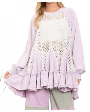 Blue Velvet Sheer Eyelet Front Contrast Ruffle Bottom Hi-Lo Tunic - Pink