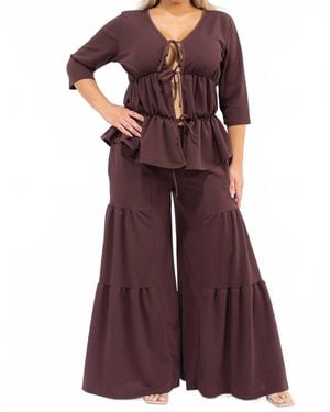 Karen T Design Hollow Lace Up Top And Spliced Wide Leg Pants - Red