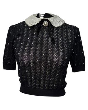 Alessandra Rich Contrast-Collar Crystal-Embellished Knitted Top - Black