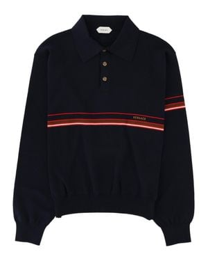 Versace Polo Collar Striped Cotton Sweater - Blue