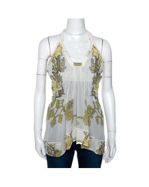 Roberto Cavalli Cream Printed Silk Sheer Halter Top - Green