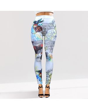 TRUEDAMES Tattoo Inspired Graphic Printed High Waisted Leggings - Blue