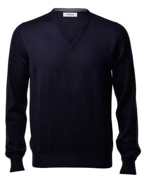 Gran Sasso V-Neck Wool Pullover Sweater With Ribbed Details - Blue