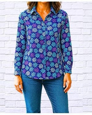 Diva USA Daisy Floral Collared Long Sleeve Shirt - Blue