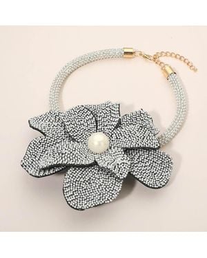 Fashnzfab Pearl Centered Stone Paved Pendant Pointed Necklace - Metallic