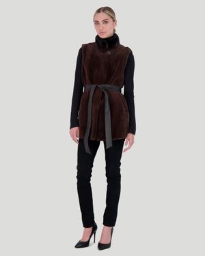 Gorski Sheared Mink Vest With Short Nap Mink Collar, Reversible To Taffeta, Leather Belt - Black