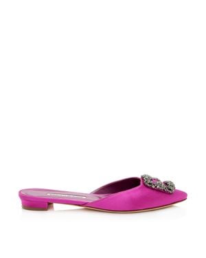 Manolo Blahnik Satin Crystal Hangisi Mules - Pink