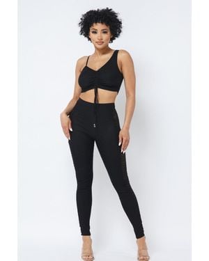 TRUEDAMES Mesh Strappy Adjustable Ruched Crop Top With Matching See Through Side Panel Leggings - Black