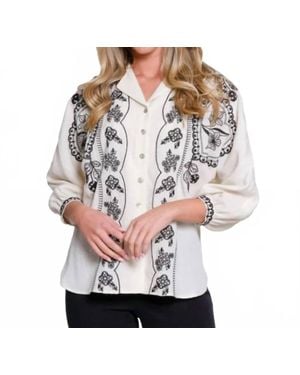 Tru Luxe Dolman Sleeve Embroidered Button Up Shirt - Gray