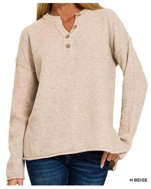 Zenana Henley Basic Sweater - Natural