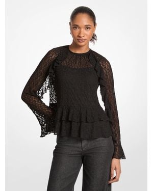 Michael Kors Outlet Ruffled Floral Lace Top - Black