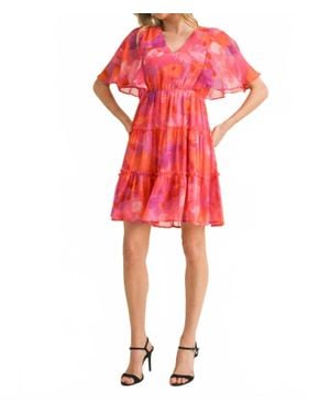 Jodifil Floral Print Chiffon V-Neck Dress With Short Bell Sleeves - Red