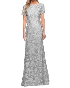 La Femme Embroidered Short Sleeve Formal Maxi Dress - Gray