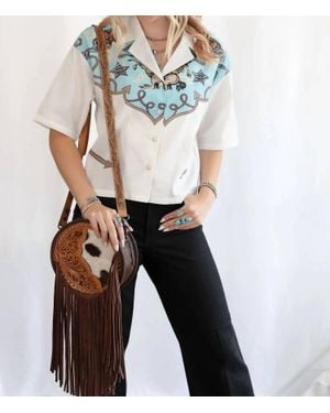 Lucky & Blessed Western Yoke Button-Down Short Sleeve Top - Blue