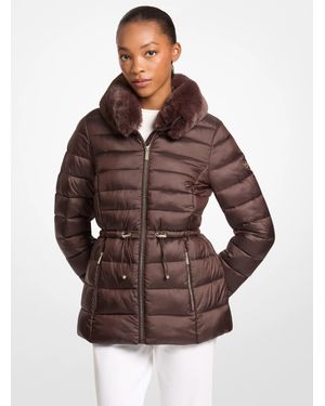 Michael Kors Outlet Faux Fur Quilted Puffer Jacket - Brown
