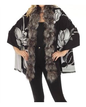 Belle Fare Real Fox Trim Cashmere Blend Floral Wrap Cover-Up - Black