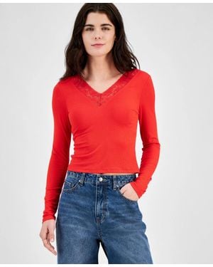 Just Polly Top Juniors Stretch Lace Trim V-Neck Long Sleeve Pal93 - Red