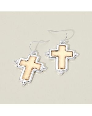 Fashnzfab Two Tone Cross Charm Drop Dangle Earrings - Metallic