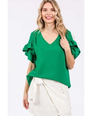 TRUEDAMES Geegee Ruffled Short Sleeve V-Neck Blouse - Green