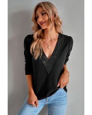 TRUEDAMES Knit Solid Double Wearing Lace V Neck Loose Top - Black