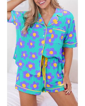 TRUEDAMES Flower Print Short Sleeve Shirt Pajamas Set - Blue